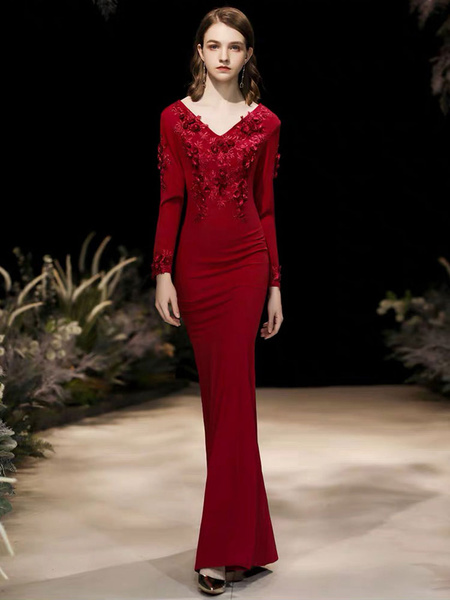 Mermaid V Neck Floor Length Long Sleeves Zipper Flowers Matte Satin Formal Party Evening Dresses - Image 3