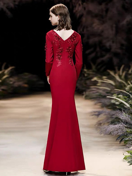 Mermaid V Neck Floor Length Long Sleeves Zipper Flowers Matte Satin Formal Party Evening Dresses - Image 4