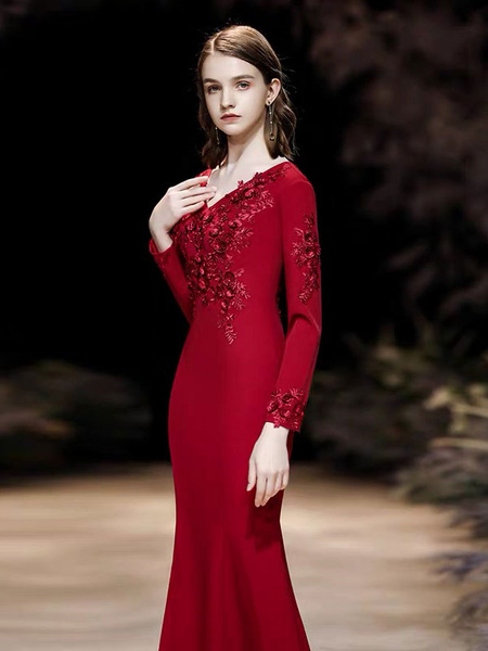 Mermaid V Neck Floor Length Long Sleeves Zipper Flowers Matte Satin Formal Party Evening Dresses