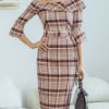 Off The Shoulder Bell Sleeve Plaid Bodycon Dress