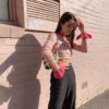 Plaid Casual O-Neck Flare Long Sleeve Slim Pullovers Crop Top