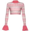 Plaid Casual O-Neck Flare Long Sleeve Slim Pullovers Crop Top - Image 13