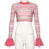 Plaid Casual O-Neck Flare Long Sleeve Slim Pullovers Crop Top - Image 5