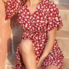 Print V-neck Bandage Waist Tie Beach Mini Dress - Image 3