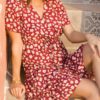 Print V-neck Bandage Waist Tie Beach Mini Dress - Image 4