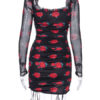 Printed Bateau Neck Pleated Drawstring Sexy Long Sleeves Pencil Dress - Image 7
