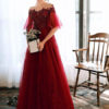 Prom Illusion Neckline A Line Half Sleeves Lace Floor Length Party Dresses