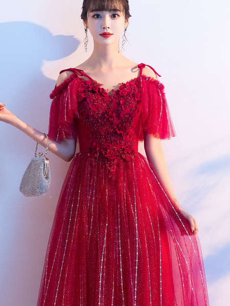 Prom Lace V Neck A Line Short Sleeves Floor Length Flowers Party Dresses - Image 2