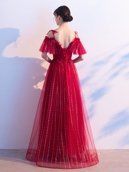 Prom Lace V Neck A Line Short Sleeves Floor Length Flowers Party Dresses - Image 3