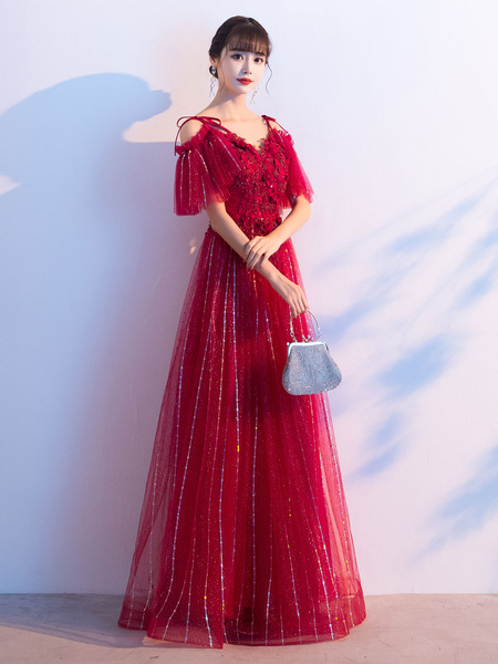 Prom Lace V Neck A Line Short Sleeves Floor Length Flowers Party Dresses - Image 4