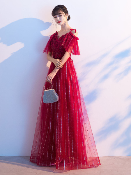 Prom Lace V Neck A Line Short Sleeves Floor Length Flowers Party Dresses - Image 5