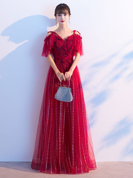 Prom Lace V Neck A Line Short Sleeves Floor Length Flowers Party Dresses