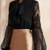 Shirt Lace Jewel Neck Casual Long Sleeves Chiffon Tops - Image 2