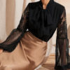 Shirt Lace Jewel Neck Casual Long Sleeves Chiffon Tops - Image 3