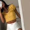 Fashion Ribbed bodycon solid turn down collar crop top