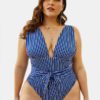 Striped Backless Deep Necklines High Leg Swimwear