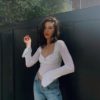 Thin Ribbed Knitted butterfly long sleeve crop top - Image 2