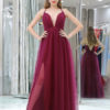 Tulle V Neck A Line Sleeveless Split Front Floor Length Party Prom Dresses