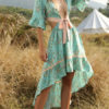 V-Neck Half Sleeves Floral Print Layered Beach Dress