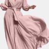 V-Neck High Waist Long Sleeve Pleated Casual Elegant Maxi Dress