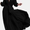 V-Neck High Waist Long Sleeve Pleated Casual Elegant Maxi Dress - Image 8