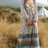 V Neck Long Sleeves Floral Print Maxi Dress