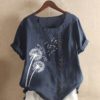 Casual Flower Printed Short Sleeve O-Neck Button Overhead T-shirt