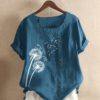 Casual Flower Printed Short Sleeve O-Neck Button Overhead T-shirt - Image 2
