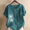 Casual Flower Printed Short Sleeve O-Neck Button Overhead T-shirt - Image 3