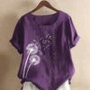 Casual Flower Printed Short Sleeve O-Neck Button Overhead T-shirt - Image 5
