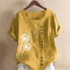 Casual Flower Printed Short Sleeve O-Neck Button Overhead T-shirt - Image 6