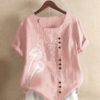Casual Flower Printed Short Sleeve O-Neck Button Overhead T-shirt - Image 7