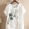 Casual Flower Printed Short Sleeve O-Neck Button Overhead T-shirt - Image 8