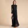 Fashion Designer Solid Mesh Lace Sleeve Floral Embroidery Ruffles Maxi Dress