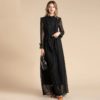 Fashion Designer Solid Mesh Lace Sleeve Floral Embroidery Ruffles Maxi Dress - Image 2