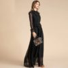 Fashion Designer Solid Mesh Lace Sleeve Floral Embroidery Ruffles Maxi Dress - Image 5