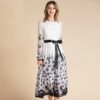 Fashion Runway Bow Belted Long Sleeve Dot Floral Print Chiffon Holiday Dress