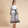 Fashion Runway Bow Belted Long Sleeve Dot Floral Print Chiffon Holiday Dress - Image 2