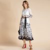 Fashion Runway Bow Belted Long Sleeve Dot Floral Print Chiffon Holiday Dress - Image 3