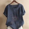 Flower Print O-neck Button Short Sleeve Vintage T-shirts