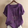 Flower Print O-neck Button Short Sleeve Vintage T-shirts - Image 2