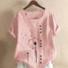 Flower Print O-neck Button Short Sleeve Vintage T-shirts - Image 3