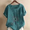 Flower Print O-neck Button Short Sleeve Vintage T-shirts - Image 4