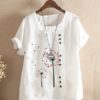Flower Print O-neck Button Short Sleeve Vintage T-shirts - Image 5
