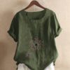 Flower Print O-neck Button Short Sleeve Vintage T-shirts - Image 6