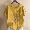 Flower Print O-neck Button Short Sleeve Vintage T-shirts - Image 7