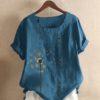 Flower Printed Short Sleeve O-Neck Button Casual Overhead T-shirt
