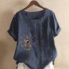 Flower Printed Short Sleeve O-Neck Button Casual Overhead T-shirt - Image 2