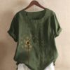 Flower Printed Short Sleeve O-Neck Button Casual Overhead T-shirt - Image 3