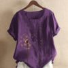 Flower Printed Short Sleeve O-Neck Button Casual Overhead T-shirt - Image 4